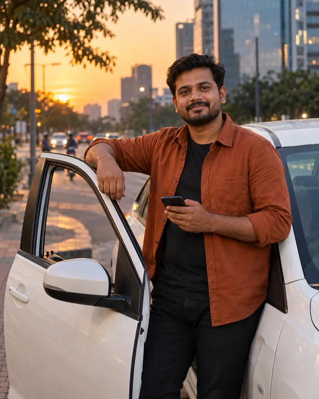 Illustrative portrait of a driver beside a car